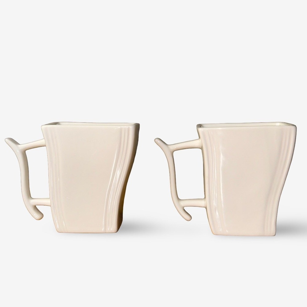 Malacasa Flora Porcelain Two Mug Set Ivory White Square Coffee Tea Cups Wave Mod